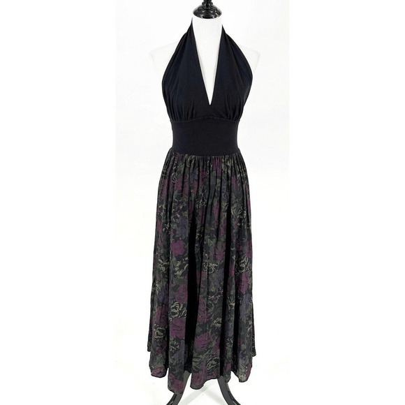 Luna Luz Dresses & Skirts - Luna Luz Halter Dress Purple Floral Black Large Maxi Deep V 100% Cotton